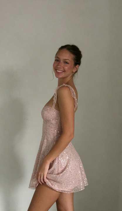 Sparkly Tulle Sequin A Line Pink Short Prom Dress Formal Homecoming Dress Birthday Dress D588