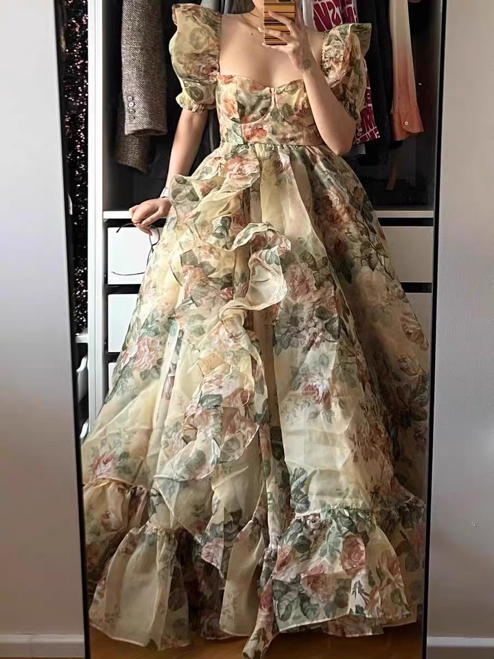 Chic Princess Square Neckline Floral Green Long Ruffles Prom Dresses Birthday Dress SD578