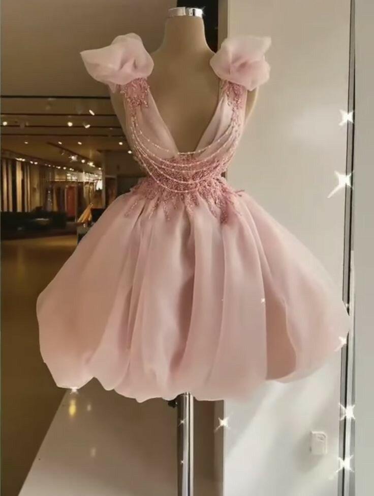 Elegant V Neck Tulle Applique A Line Short Homecoming Dress Birthday Dress D4143