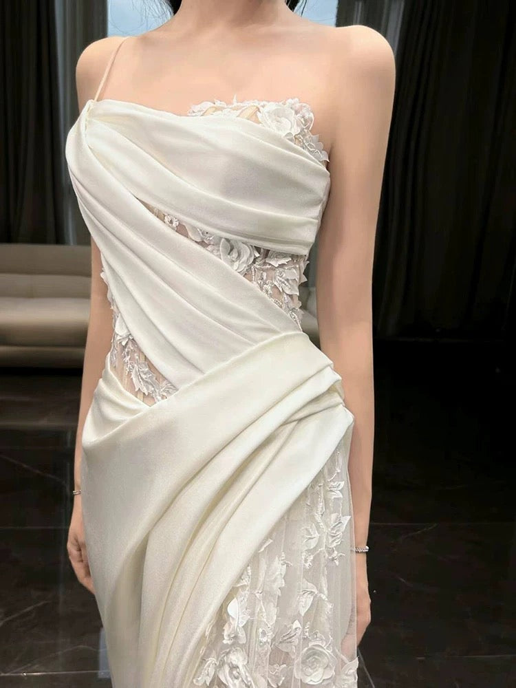 Simple White Mermaid One Shoulder Satin Lace Pleats Wedding Dress SD1738