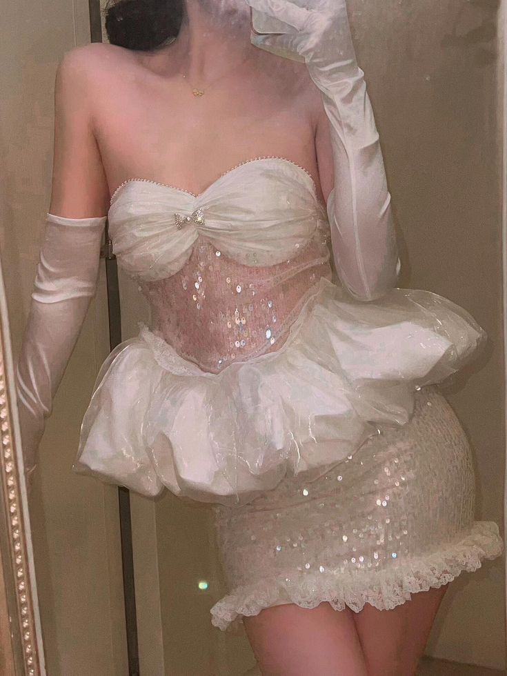 Classy Strapless Tulle Sequin White Sheath Short Prom Dress 16th Birthday Outfits D772