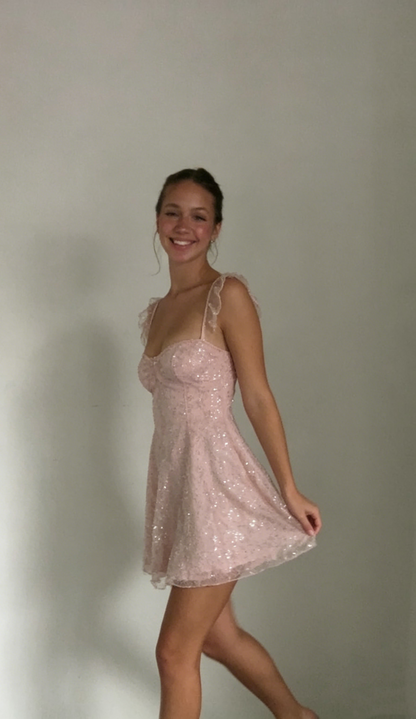 Sparkly Tulle Sequin A Line Pink Short Prom Dress Formal Homecoming Dress Birthday Dress D588