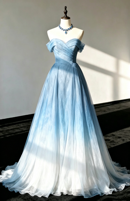 Pretty Strapless Off The Shoulder Ombre Blue Long Prom Dress Evening Gown D1392