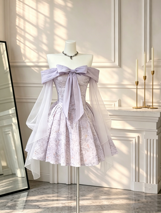 Elegant Off The Shoulder Lilac Satin Print Floral A Line Short Homecoming Dress Birthday Outfits D2667