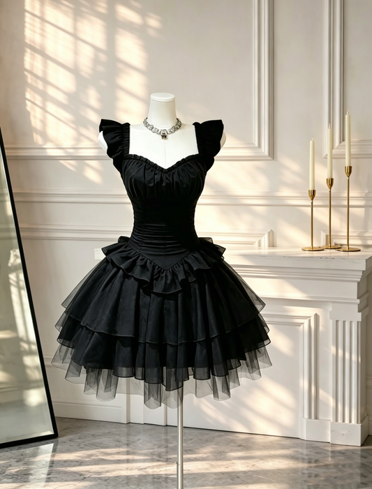 Sweet Black Birthday Outfits Tulle Layered A Line Short Cocktail Dress Homecoming Dress D2566