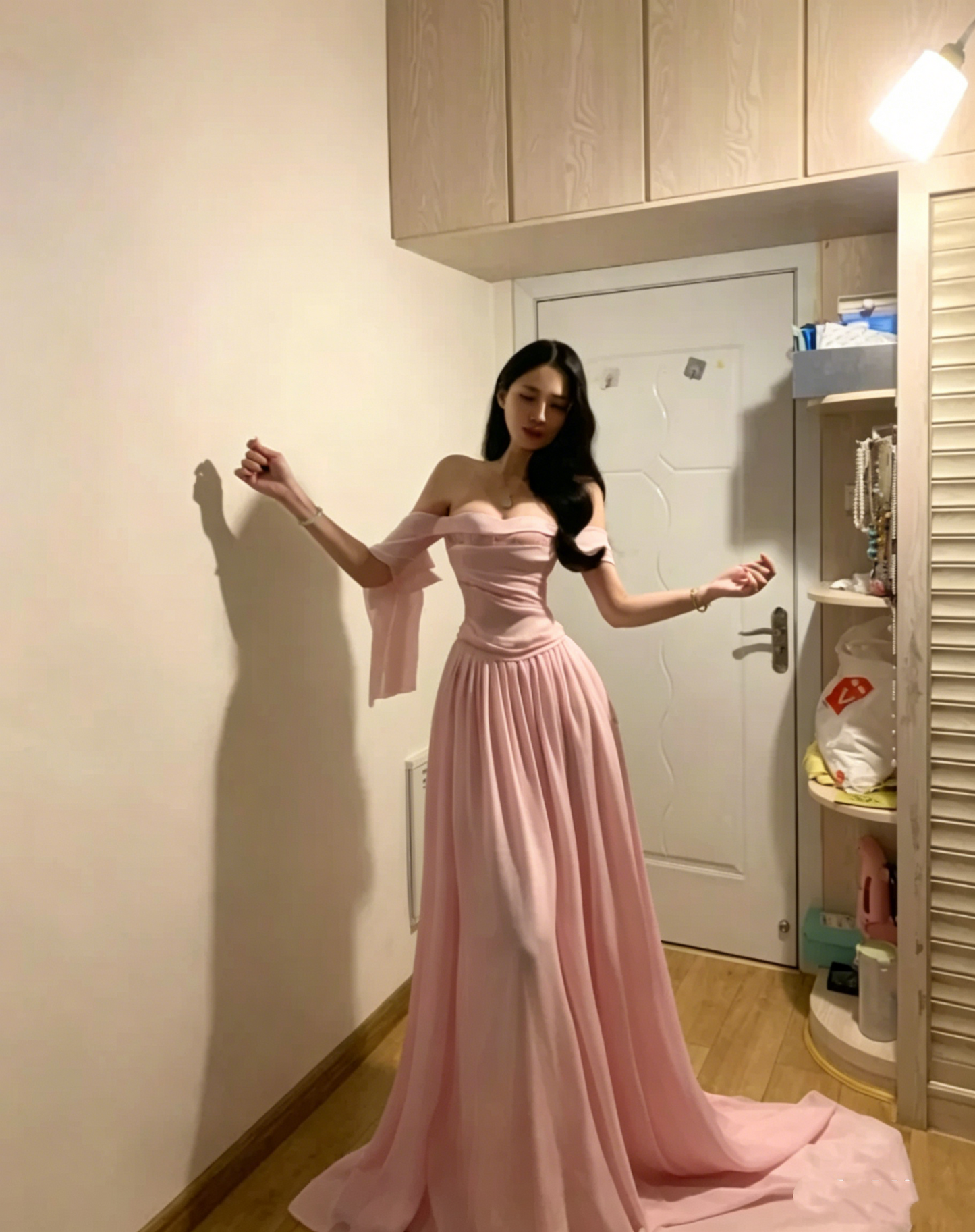 Glamorous Off The Shoulder White Chiffon Long Party Dress Wedding Guest Dress D851