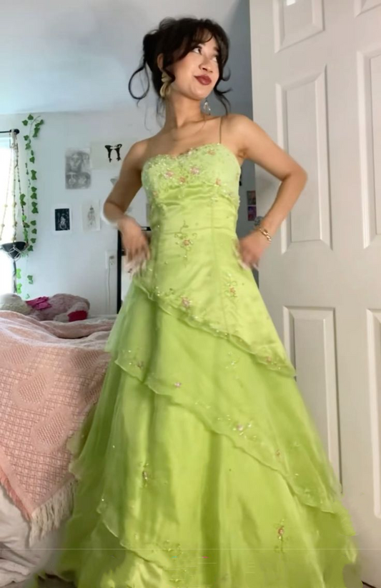 Charming Strapless Lime Green Tulle Beaded Layered Long Party Dress Birthday Prom Gown D1537