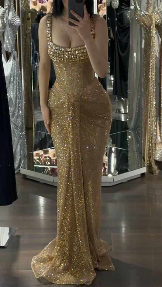 Glitter Gold Sequin Beaded Mermaid Long Party Dress Birthday Evening Dress D1938