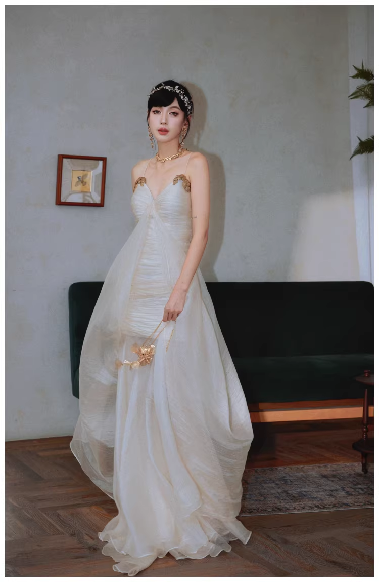 Charming Spaghetti Straps Light Apricot Chiffon Pleated Mermaid Long Evening Dress 18th Birthday Outfits D2451