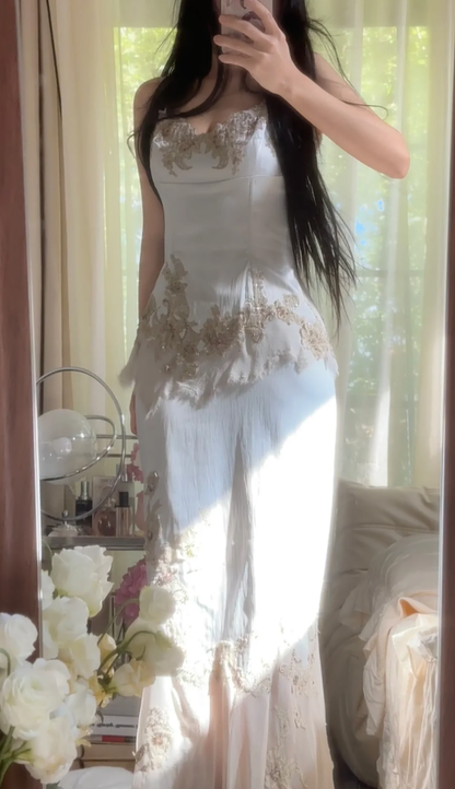 Vintage White Satin Appliques Chiffon Mermaid Long Birthday Prom Dress Party Gown D2303