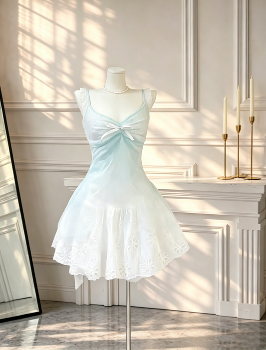 Cute Spaghetti Straps Vacation Dress V Neck Chiffon Lace A Line Short Prom Dress D2565