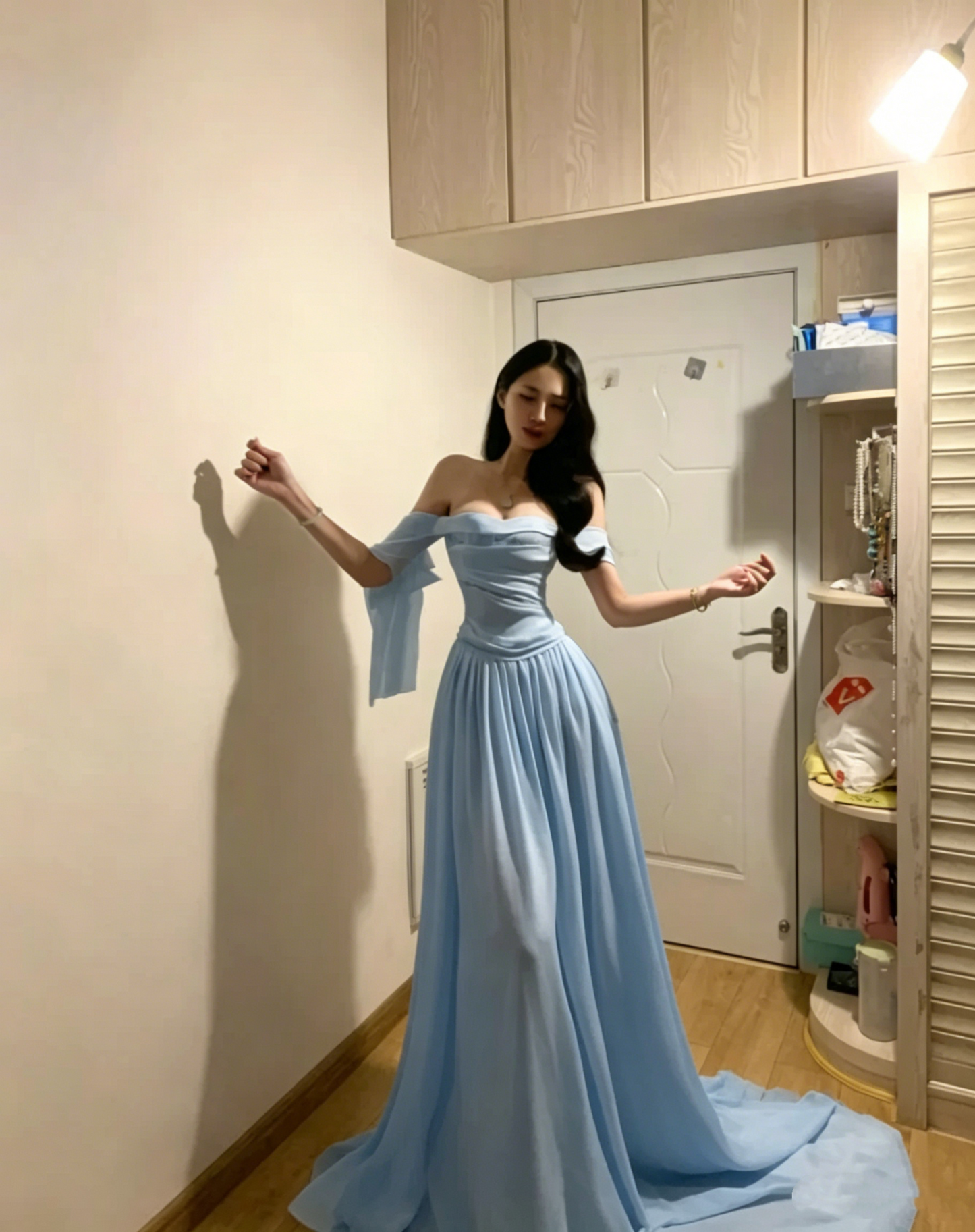 Glamorous Off The Shoulder White Chiffon Long Party Dress Wedding Guest Dress D851