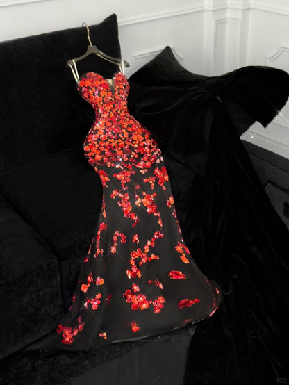 Vintage Sweetheart Neck Black Satin Sequin Mermaid Evening Dress Long Party Dress D1227