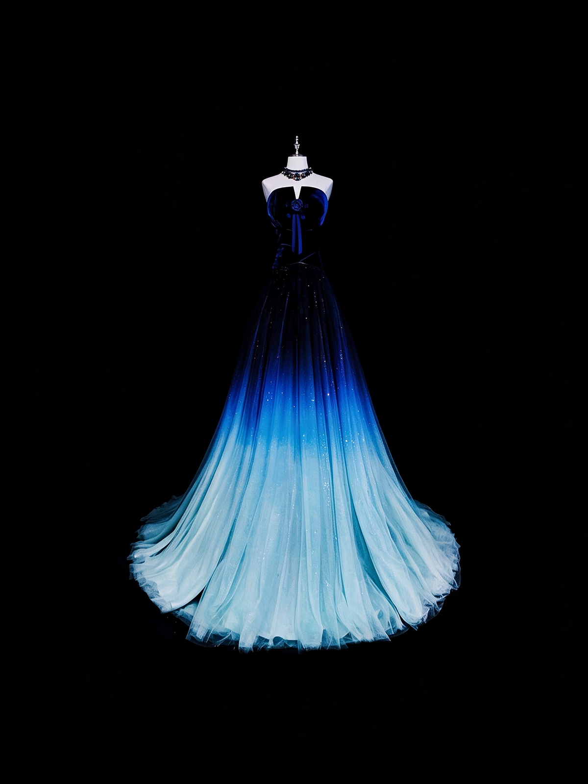 Vintage Strapless Ombre Blue Tulle Sequin Long Party Dress Evening Dress D5373