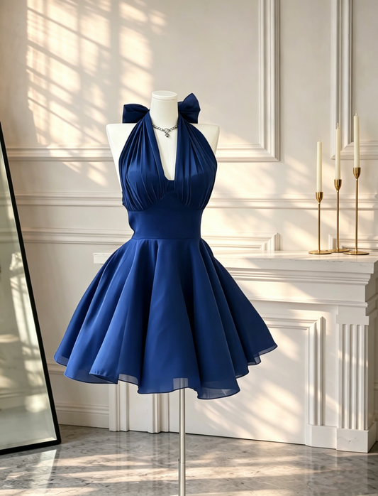 Simple Halter Chiffon A Line Mini Cocktail Dress Blue Graduation Homecoming Dress D2666