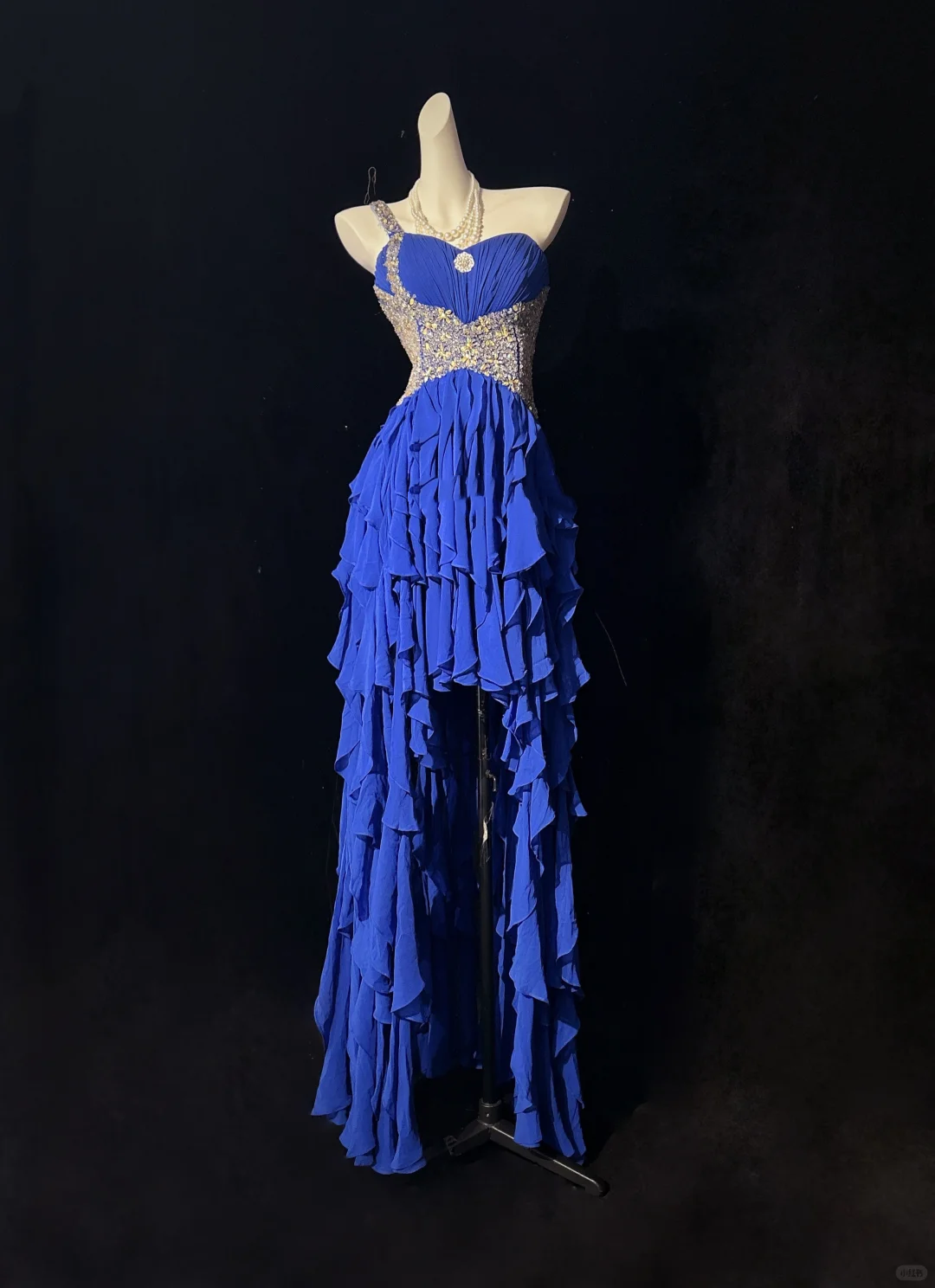 Charming One Shoulder Royal Blue Chiffon Ruffle Beaded Long Prom Dress Evening Gown D3125