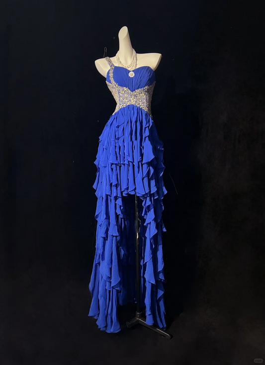 Charming One Shoulder Royal Blue Chiffon Ruffle Beaded Long Prom Dress Evening Gown D3125