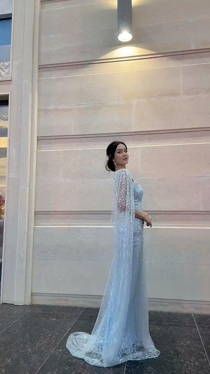Elegant Satin Pleated Tulle Sequin Beaded Prom Dress Light Blue Mermaid Long Party Dress D5137