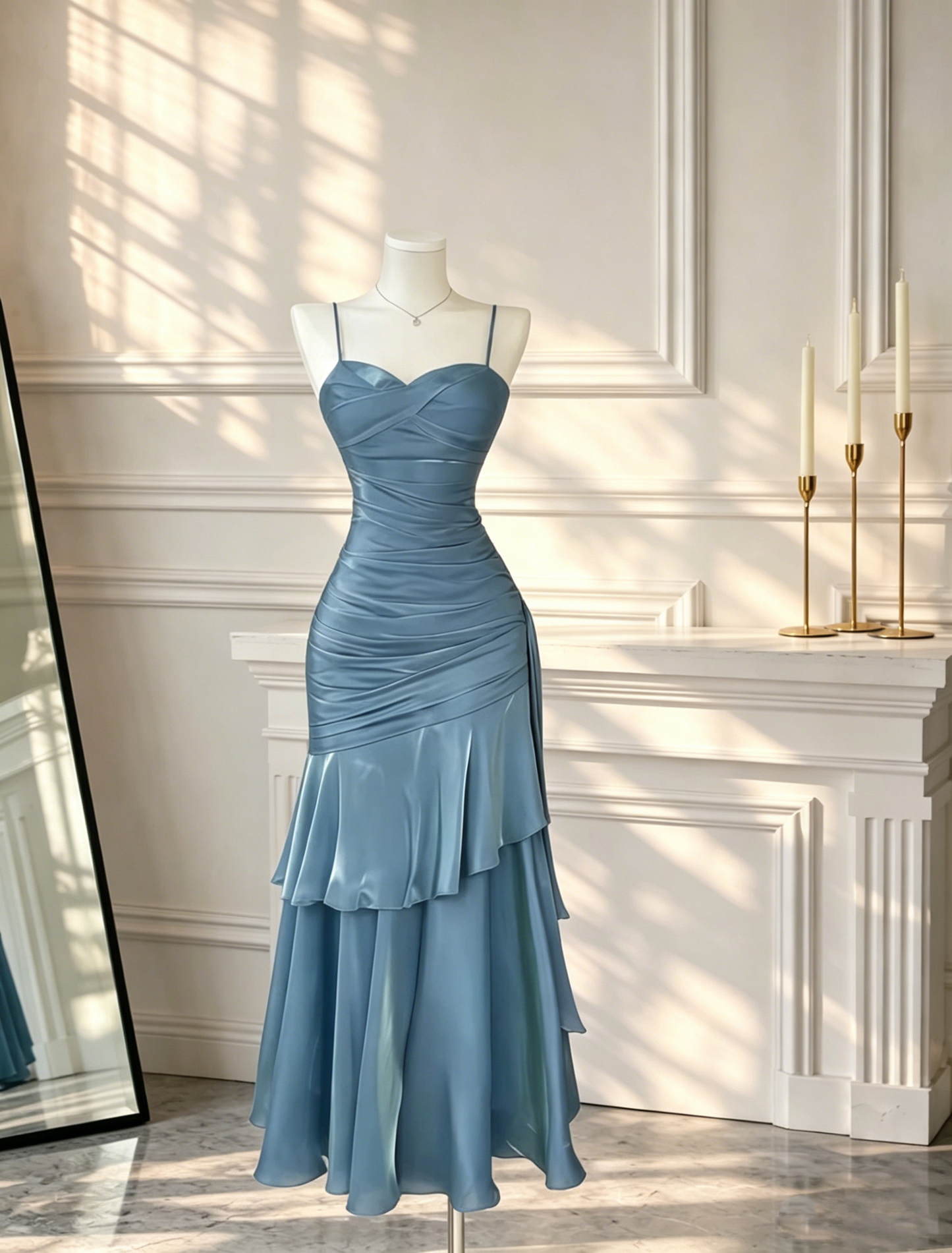 Classy Spaghetti Straps Satin Pleated Mermaid Long Party Dress Blue Birthday Dress  Prom Gowns D2564