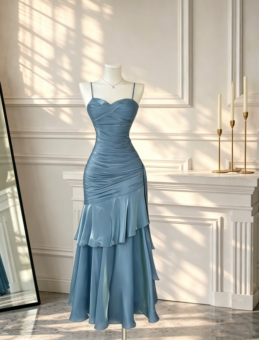 Classy Spaghetti Straps Satin Pleated Mermaid Long Party Dress Blue Birthday Dress  Prom Gowns D2564