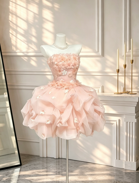 Pretty Pink Strapless Tulle Appliques A Line Short Birthday Outfits Homecoming Dress D2664