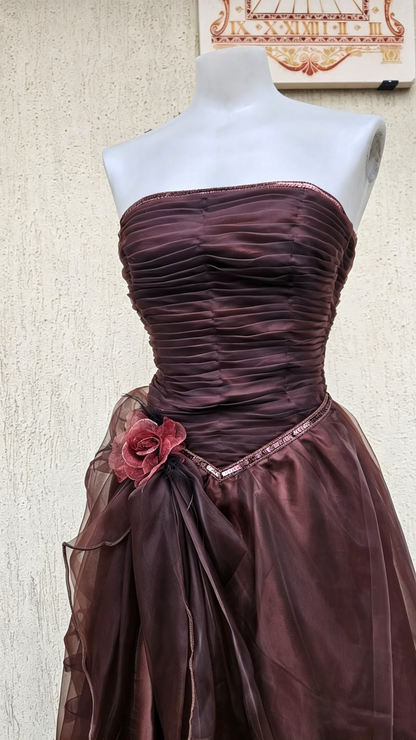 Vintage Burgundy Tulle Floral Long Party Dress Strapless Long Wedding Guest Dress D4317