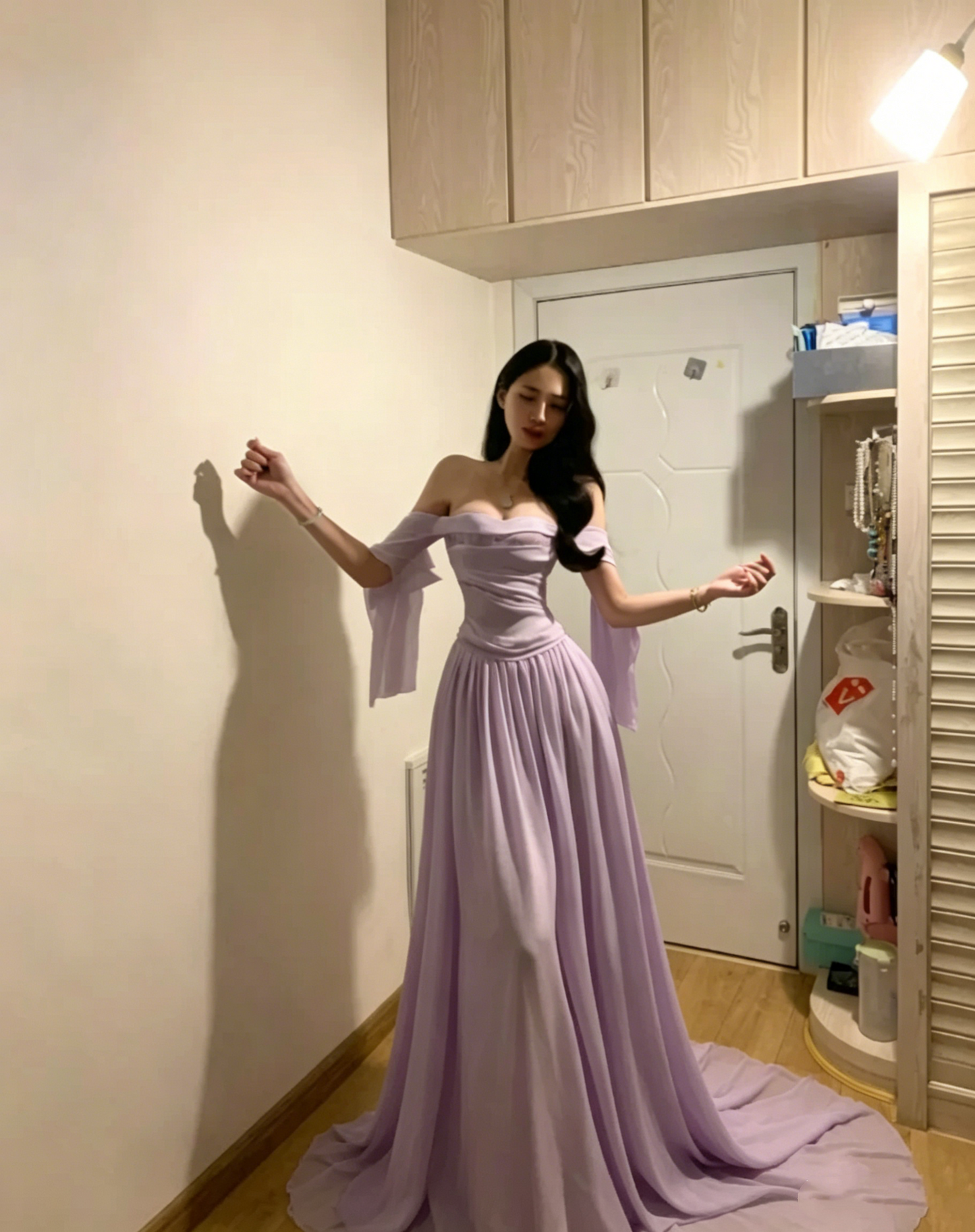 Glamorous Off The Shoulder White Chiffon Long Party Dress Wedding Guest Dress D851