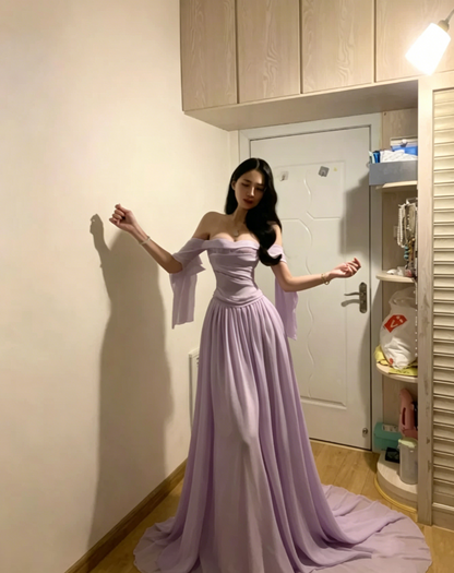 Glamorous Off The Shoulder White Chiffon Long Party Dress Wedding Guest Dress D851