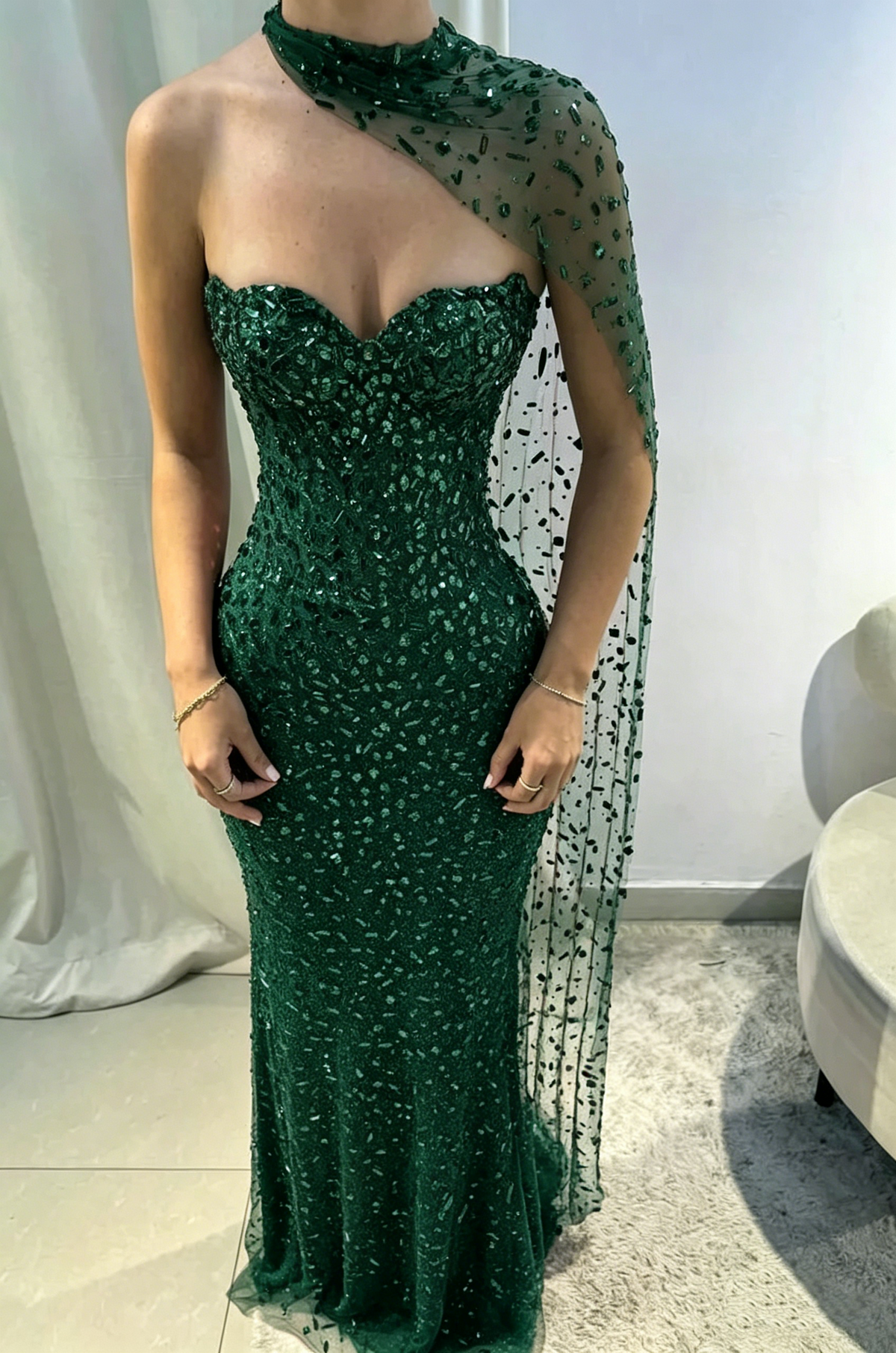 Gorgeous Red Strapless Tulle Beaded Mermaid Evening Dress Long Party Gown  D835