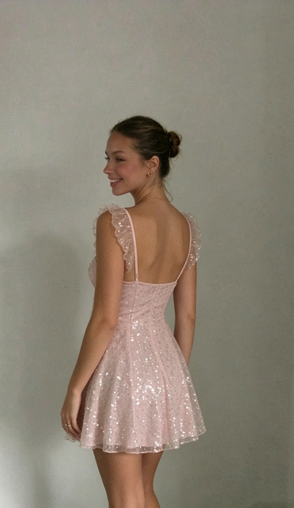 Sparkly Tulle Sequin A Line Pink Short Prom Dress Formal Homecoming Dress Birthday Dress D588