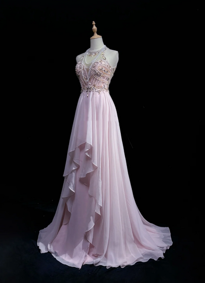 Classy Halter Chiffon Beaded Mermaid Formal Wedding Guest Dress,Pink Long Evening Dress Party Dress D2071