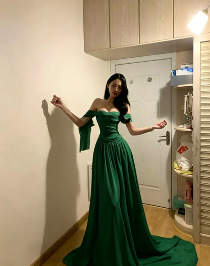 Glamorous Off The Shoulder White Chiffon Long Party Dress Wedding Guest Dress D851