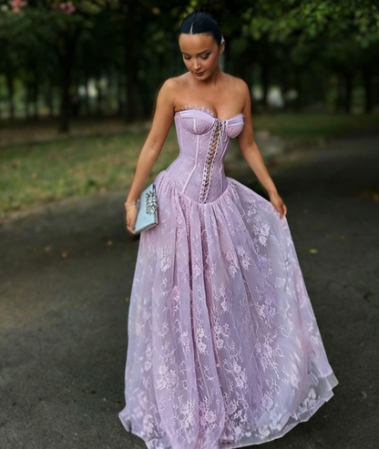 Glamorous Sweetheart Neck Pink Lace A-Line Long Prom Dress Evening Dresses D1499