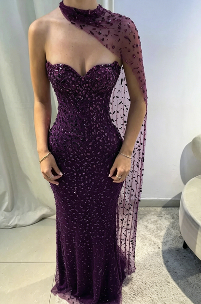 Gorgeous Red Strapless Tulle Beaded Mermaid Evening Dress Long Party Gown  D835