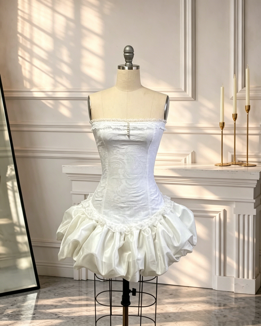 Vintage Strapless Satin Cocktail Dress White Short 9th Grade Homecoming Dress D2675