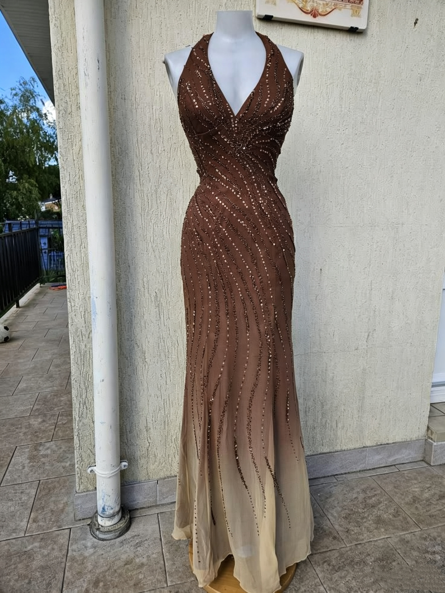 Vintage Ombre Brown Chiffon Beaded Mermaid Long Party Dress,Halter V Neck Long Evening Dress D4316