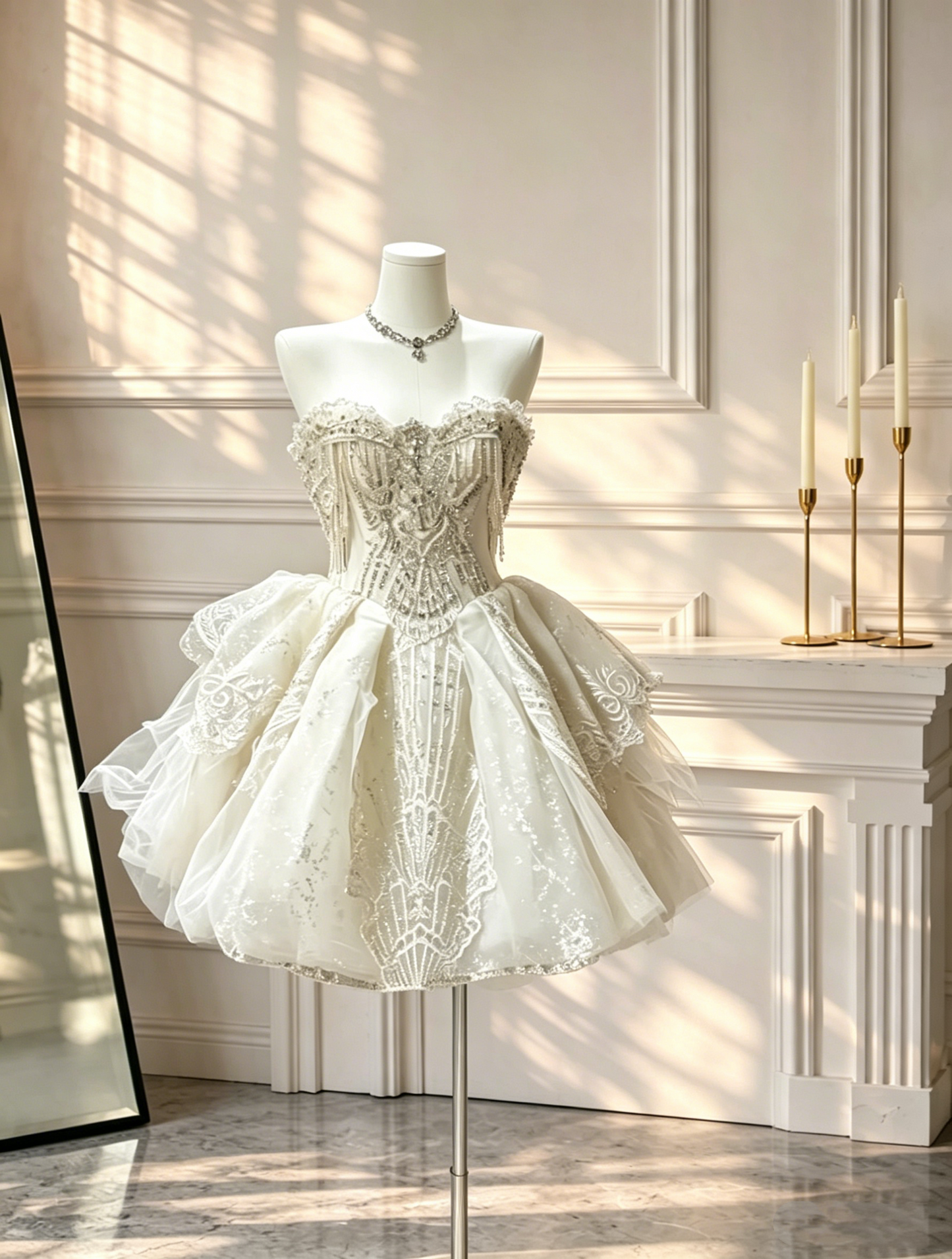 Gorgeous Light Champagne Short Prom Dress Sweetheart Neck Tulle Beaded Appliques A Line Short Birthday Outfits D2562