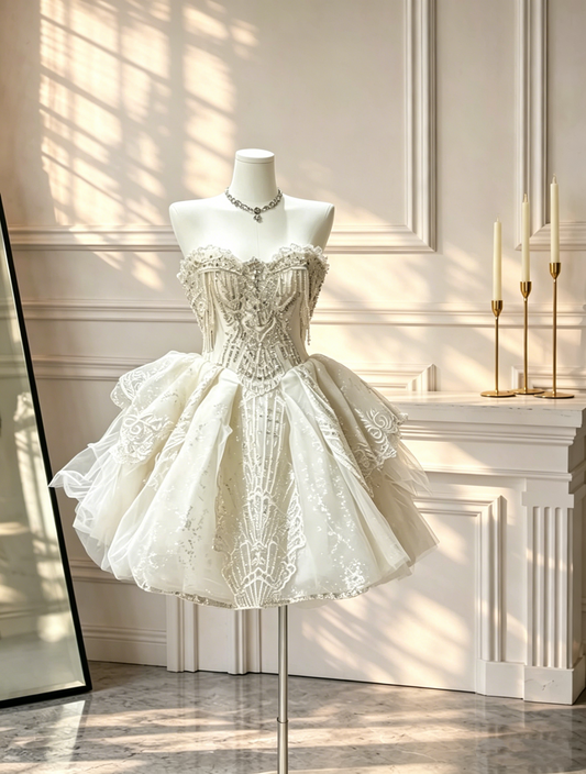 Gorgeous Light Champagne Short Prom Dress Sweetheart Neck Tulle Beaded Appliques A Line Short Birthday Outfits D2562