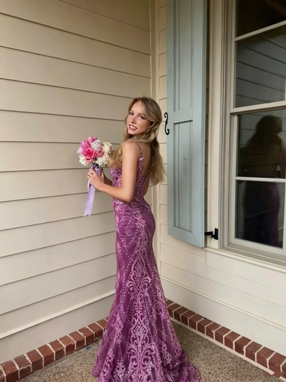 Vintage Spaghetti Straps Purple Tulle Lace Beaded Mermaid Long Wedding Guest Dress Birthday Party Dress D1815