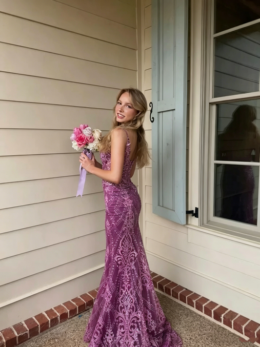 Vintage Spaghetti Straps Purple Tulle Lace Beaded Mermaid Long Wedding Guest Dress Birthday Party Dress D1815