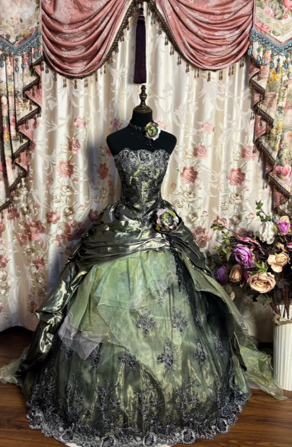 Retro Olive Green Strapless Satin tulle Appliques Beaded Ball Gown Formal Birthday Quinceanera Dress D2190