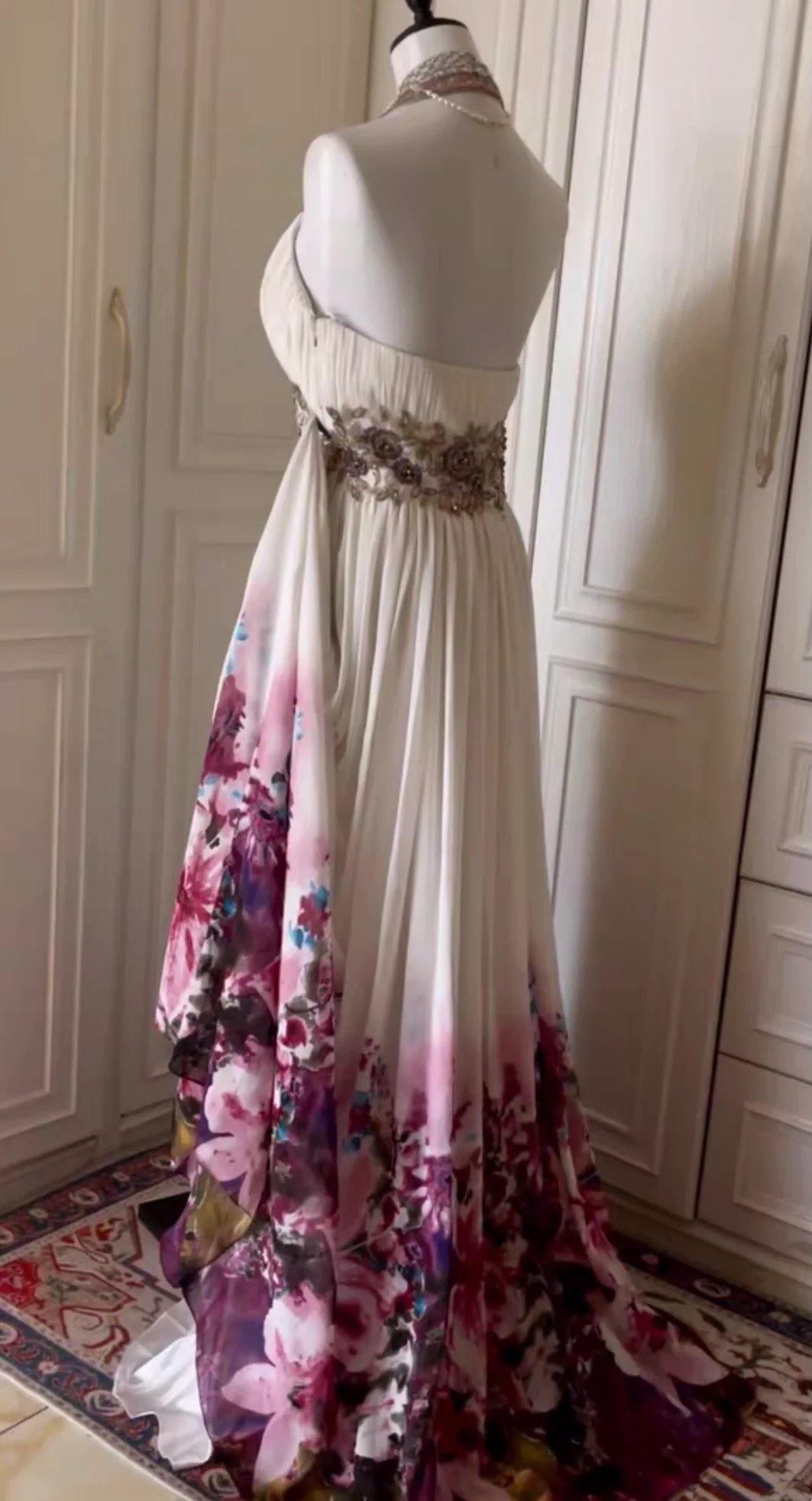 Beautiful Halter Beaded Chiffon Print Floral Mermaid Evening Dress,White Long Party Gown D3105