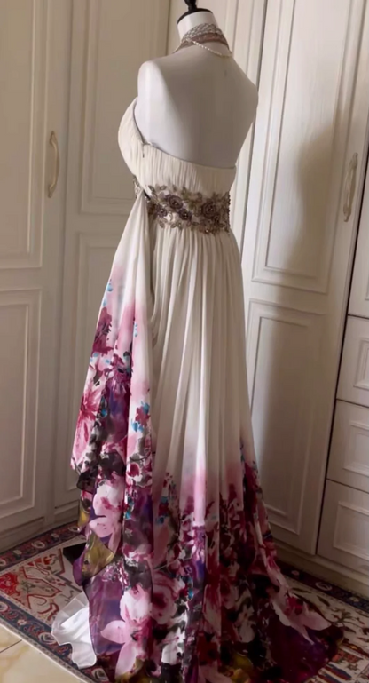 Beautiful Halter Beaded Chiffon Print Floral Mermaid Evening Dress,White Long Party Gown D3105