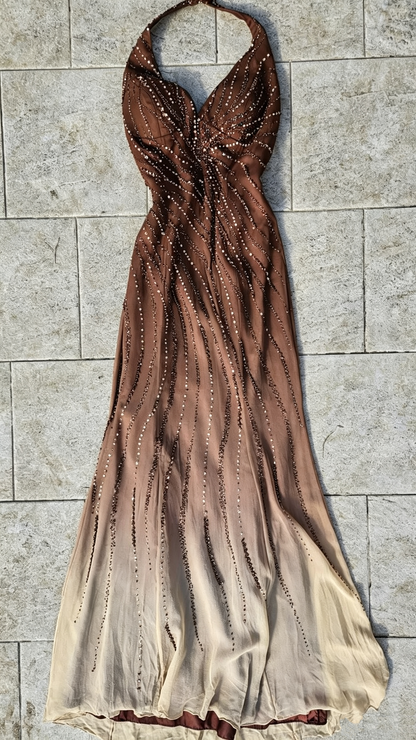 Vintage Ombre Brown Chiffon Beaded Mermaid Long Party Dress,Halter V Neck Long Evening Dress D4316