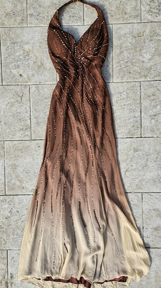 Vintage Ombre Brown Chiffon Beaded Mermaid Long Party Dress,Halter V Neck Long Evening Dress D4316