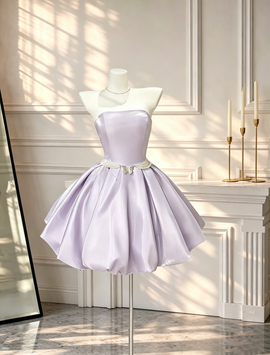Classy Strapless Purple Satin A Line Short Birthday Dress Cocktail Dress D2674