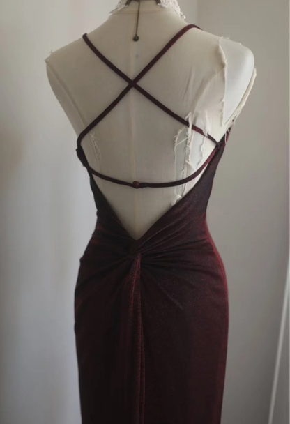 Charming Burgundy Spaghetti Straps Satin Mermaid Long Party Dress Backless Evening Gown D2324