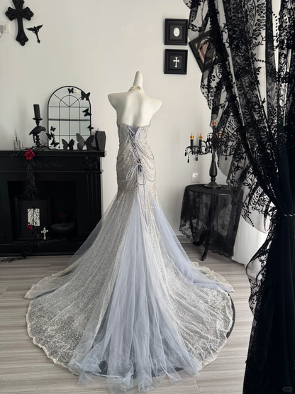 Charming Haze Blue Strapless Tulle Sequin Beaded Mermaid Long Prom Dress Evening Gown D4720