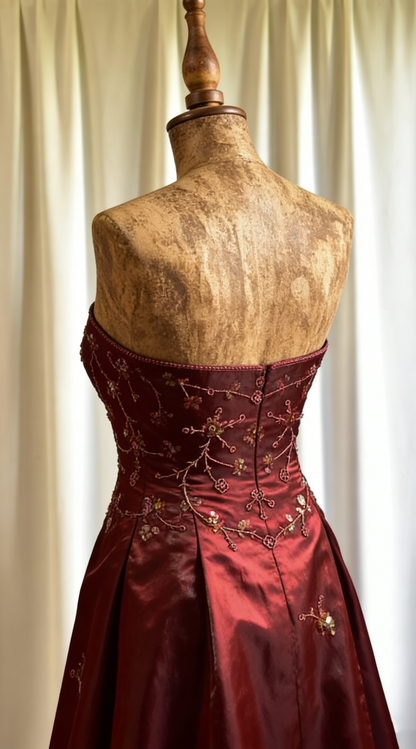 Vintage Burgundy Strapless Satin Beaded A Line Long Evening Dress Birthday Party Dress D1832