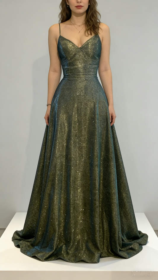 Sparkly Spaghetti Straps Green V NecK Sequin Evening Dress Long Wedding Guest Dress D1527